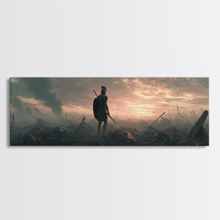 Lone Warrior On Smoky Battlefield Wall Art, Dark Fantasy Canvas, Epic Medieval Landscape, Dramatic Living Room Decor, Above Sofa Decor