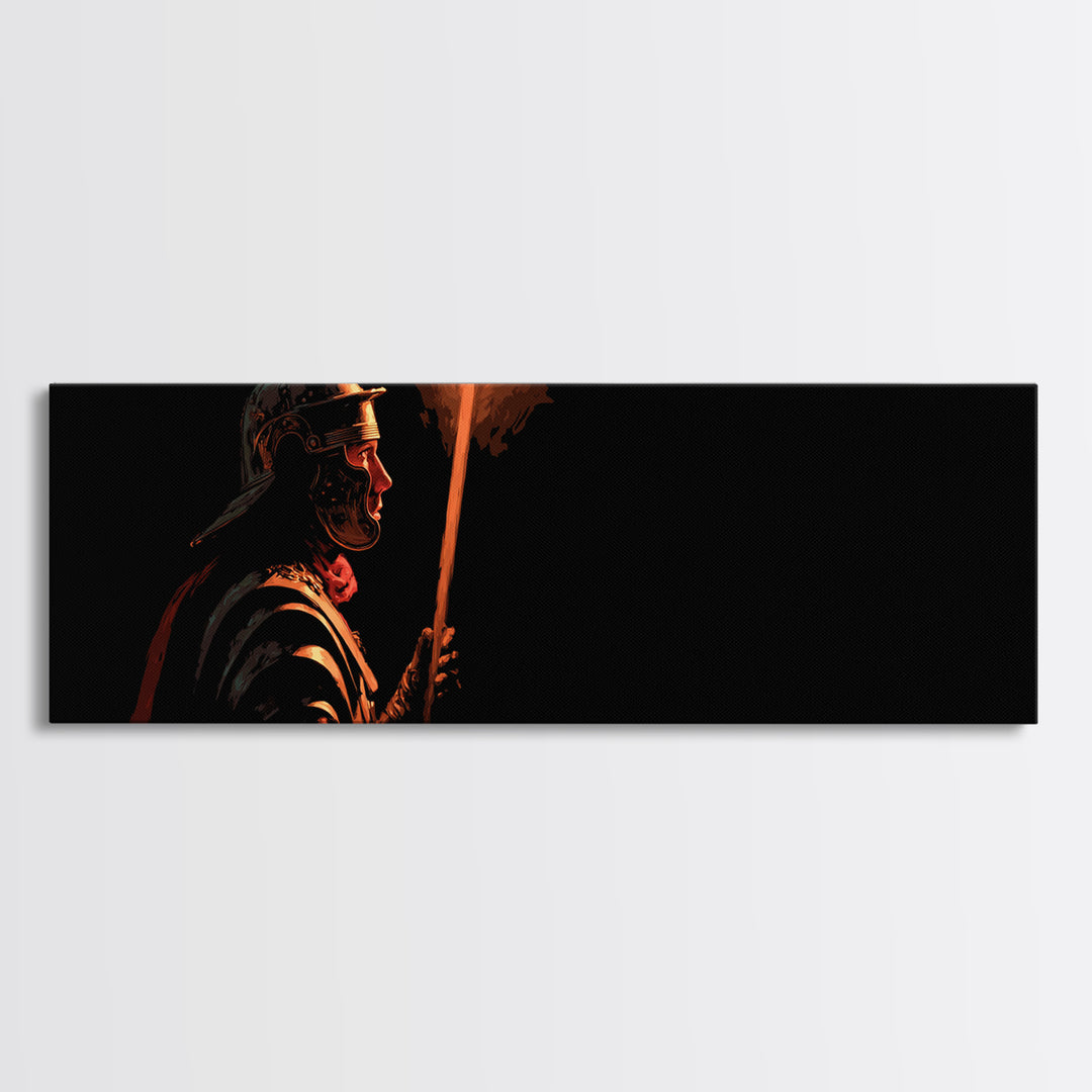 Roman Torch Bearer In Black Canvas Print, Ancient Warrior Wall Art, Dramatic Historical Decor, Masculine Man Cave Gift Print