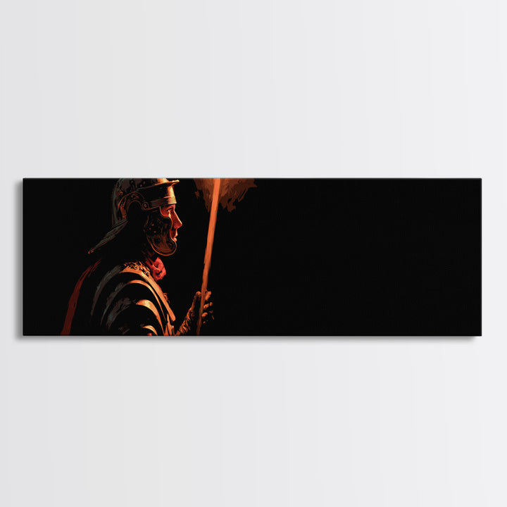 Roman Torch Bearer In Black Canvas Print, Ancient Warrior Wall Art, Dramatic Historical Decor, Masculine Man Cave Gift Print