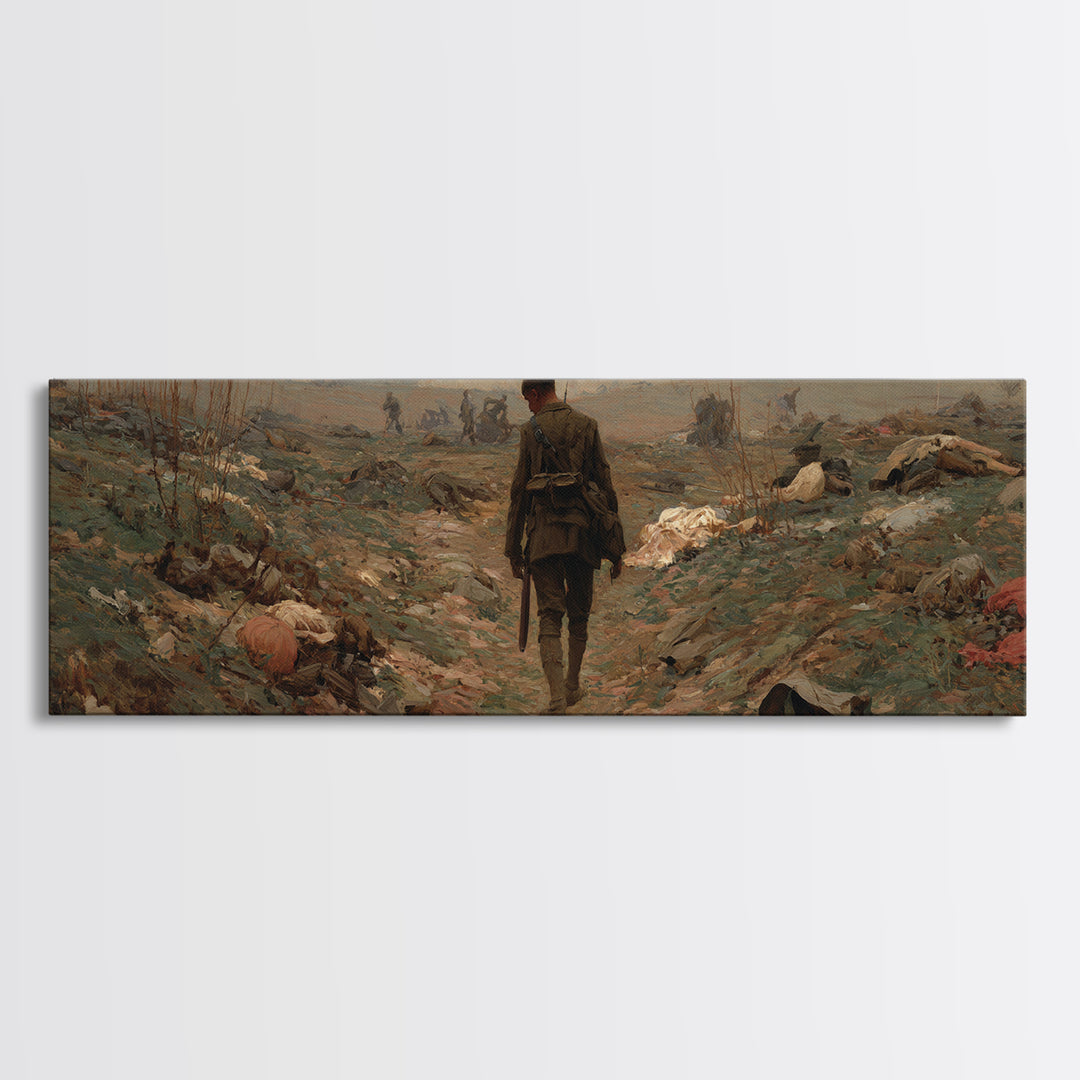 Somber Lone Soldier Battlefield Wall Art, Panoramic Framed Canvas Print, Historical Landscape Decor, Moody Office Wall Art