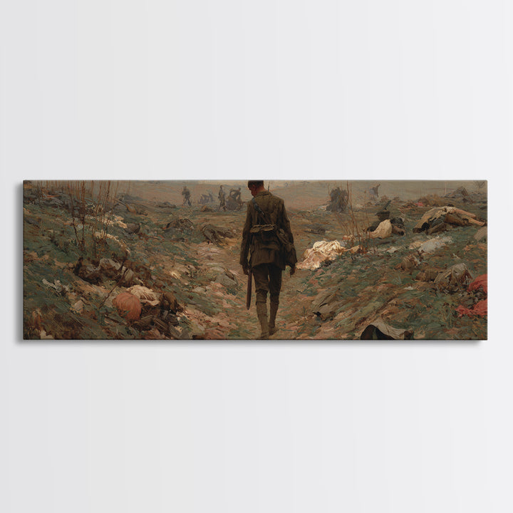 Somber Lone Soldier Battlefield Wall Art, Panoramic Framed Canvas Print, Historical Landscape Decor, Moody Office Wall Art