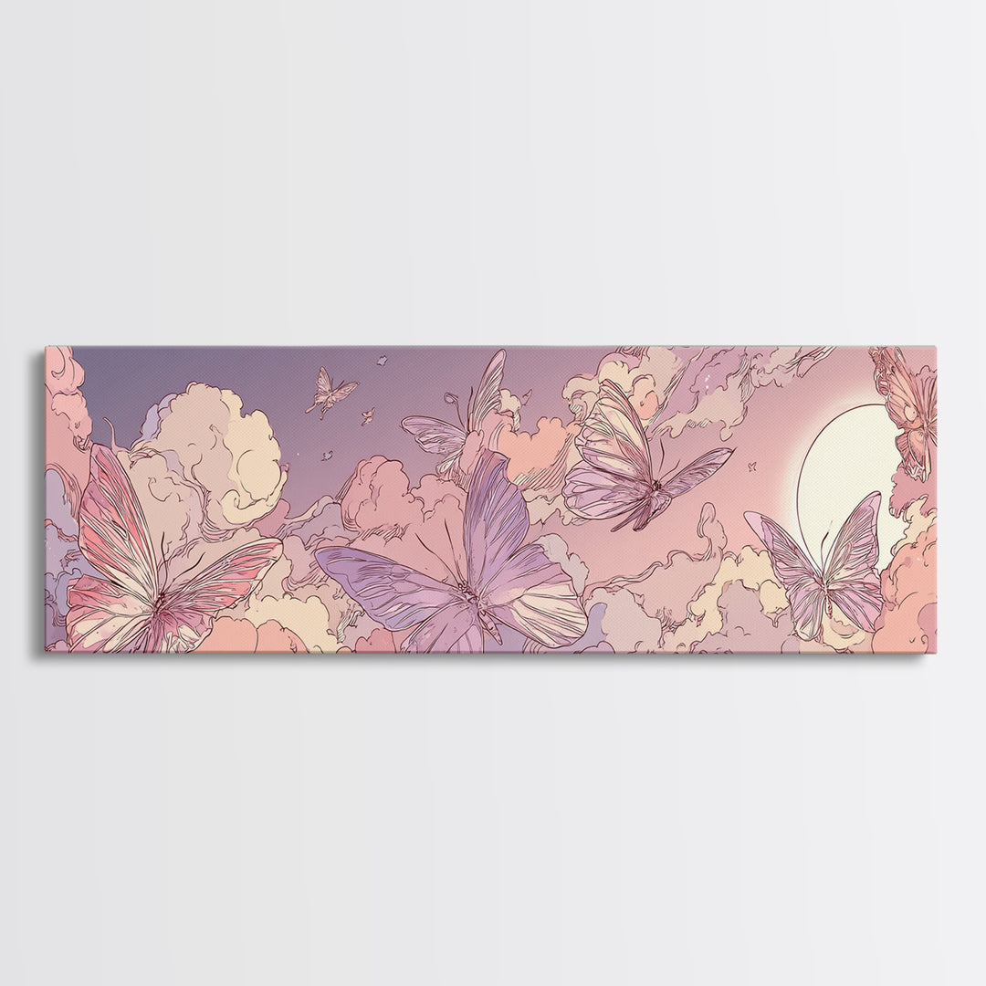 Pink Butterfly Cloudscape Wall Art, Whimsical Celestial Canvas Print, Pastel Nursery Decor, Magical Girls Room Artwork Gift