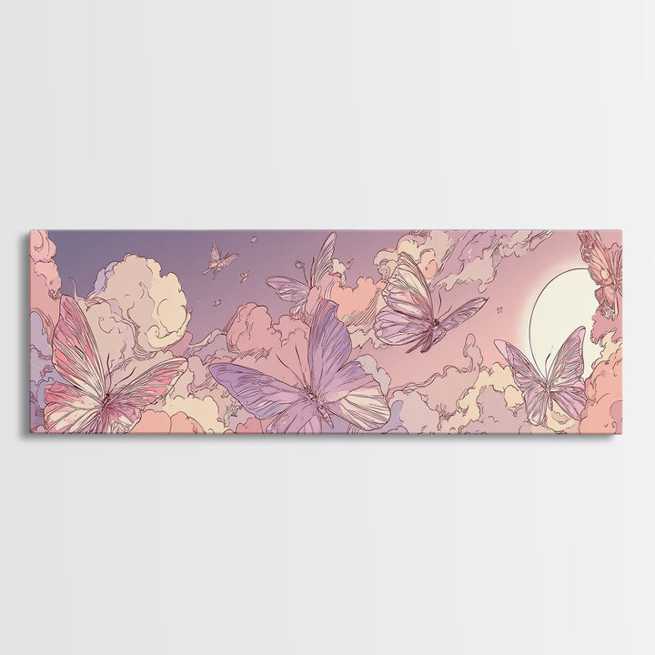 Pink Butterfly Cloudscape Wall Art, Whimsical Celestial Canvas Print, Pastel Nursery Decor, Magical Girls Room Artwork Gift