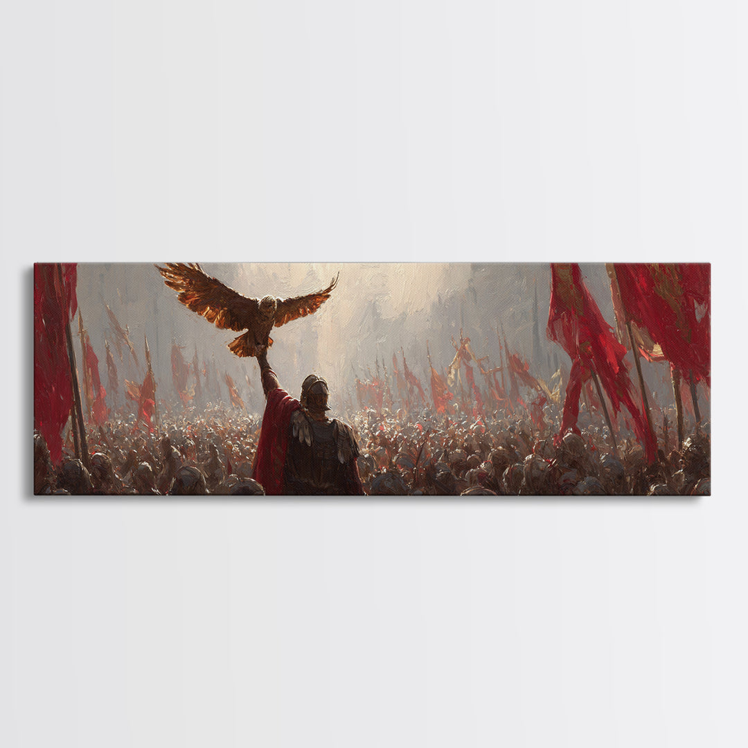 Warrior Raising Eagle Above Red Banners Framed Canvas Print, Epic Battlefield Wall Art, Historical Army Decor Gift For Him