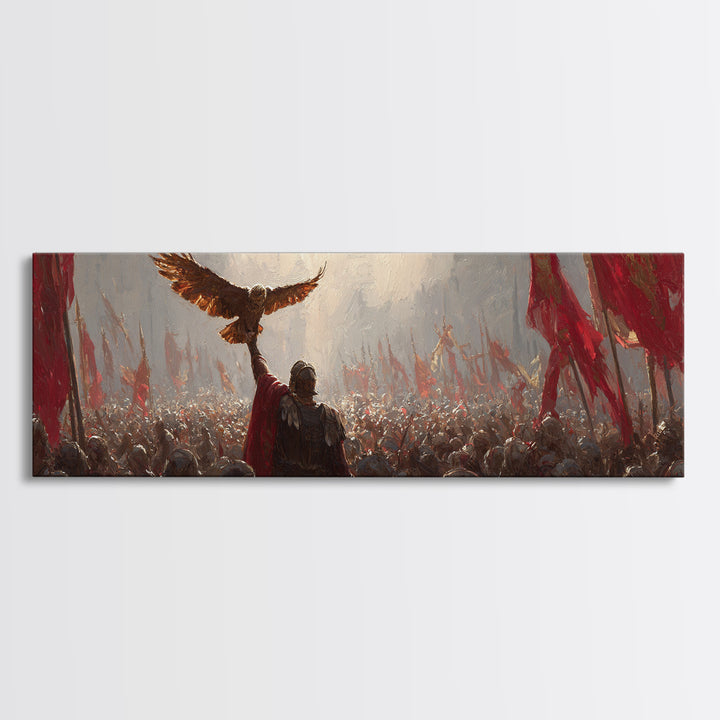 Warrior Raising Eagle Above Red Banners Framed Canvas Print, Epic Battlefield Wall Art, Historical Army Decor Gift For Him