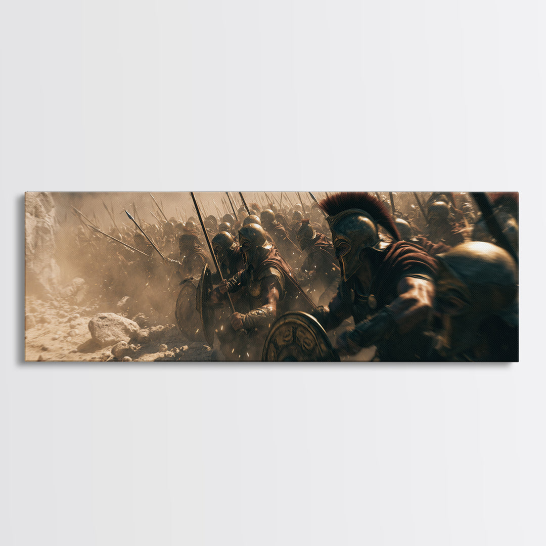 Spartan Phalanx Charging Through Dust Wall Art, Ancient Greek Battle Canvas, Historical Warrior Decor, Dramatic Man Cave Print