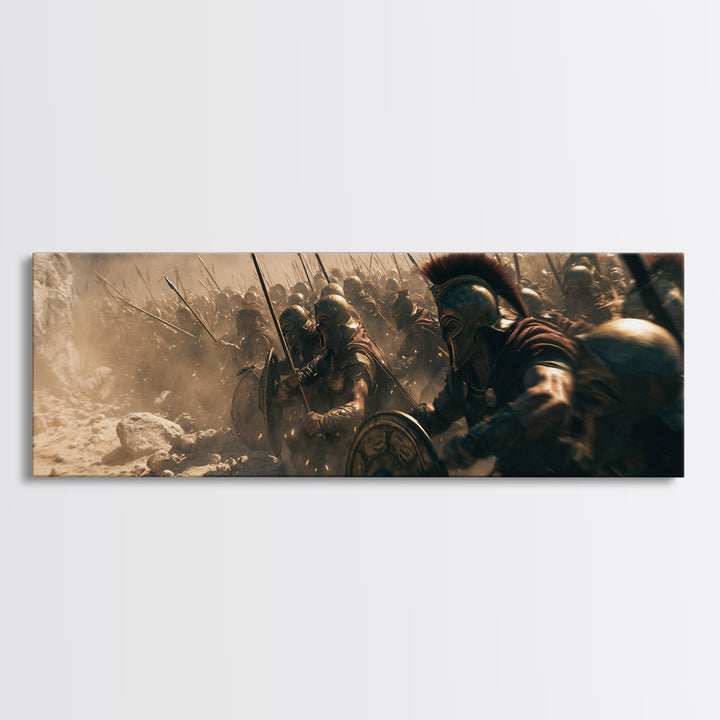 Spartan Phalanx Charging Through Dust Wall Art, Ancient Greek Battle Canvas, Historical Warrior Decor, Dramatic Man Cave Print