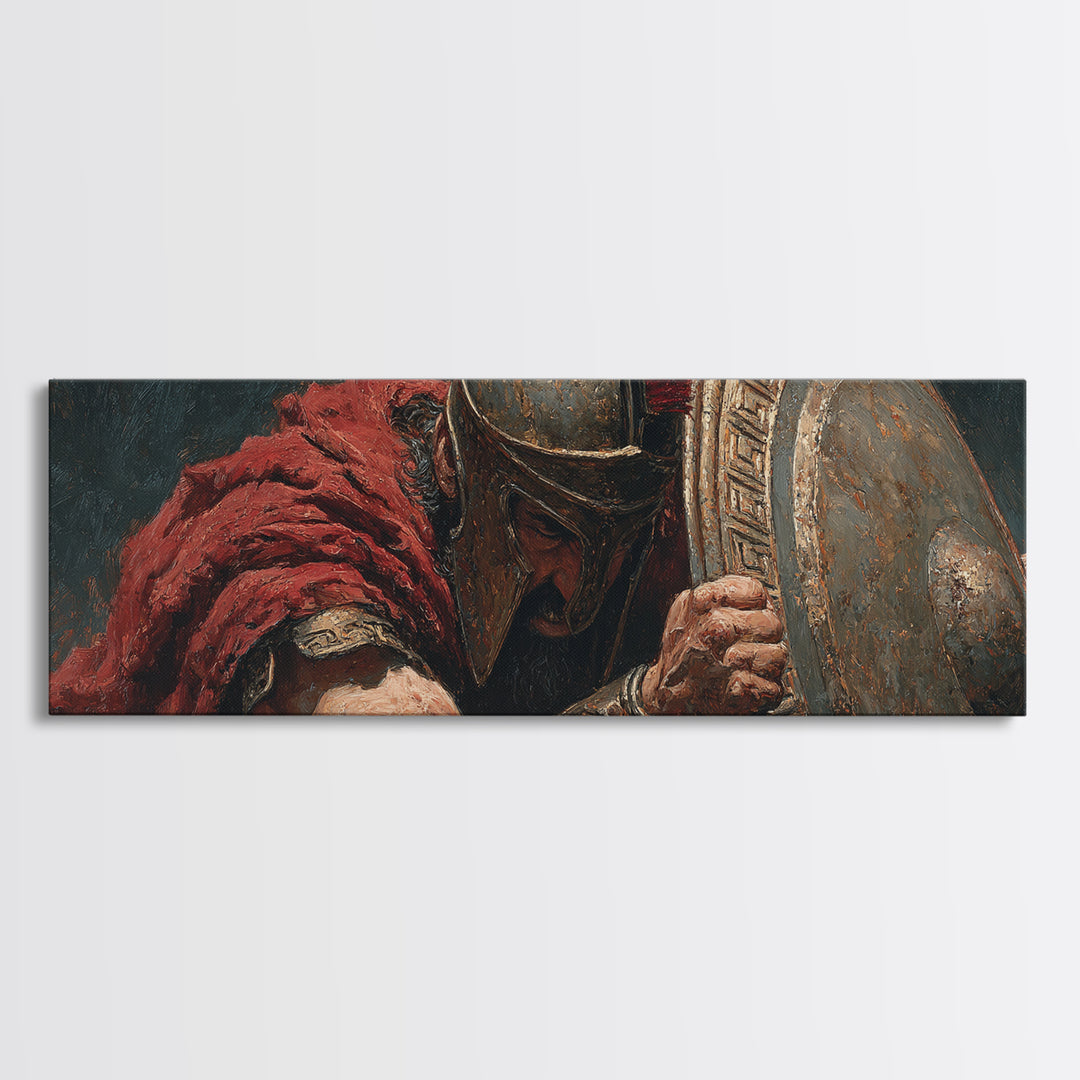 Spartan Warrior With Shield Wall Art, Greek Battle Canvas Print, Dark Masculine Historical Decor For Office And Living Room