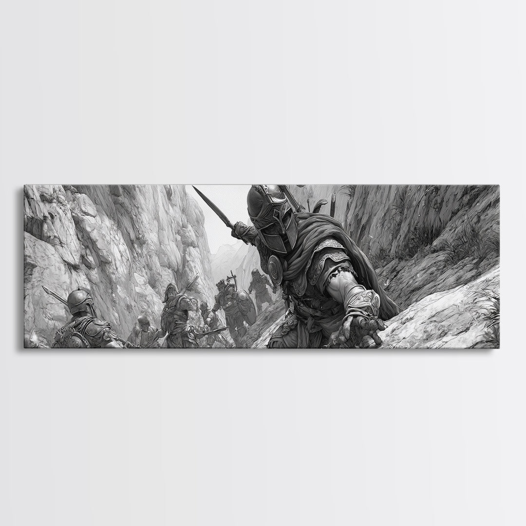 Black And White Canyon Ambush Wall Art, Medieval Warrior Canvas Print, Historic Battle Illustration, Masculine Decor, Office Wall Art