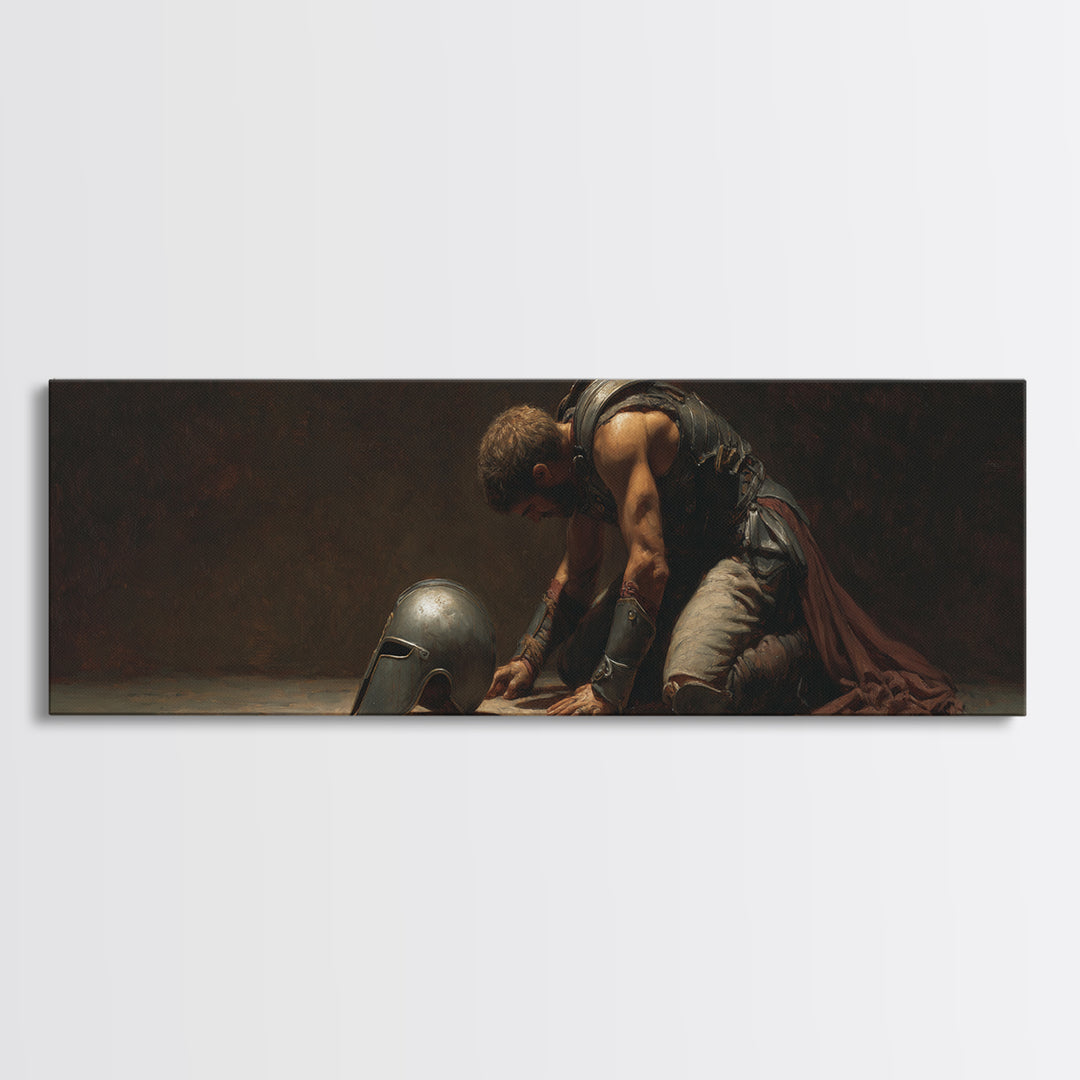 Kneeling Gladiator With Helmet Framed Canvas Print, Dark Academia Wall Art, Classical Warrior Decor, Gift For Him, Office Decor