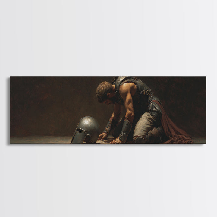 Kneeling Gladiator With Helmet Framed Canvas Print, Dark Academia Wall Art, Classical Warrior Decor, Gift For Him, Office Decor