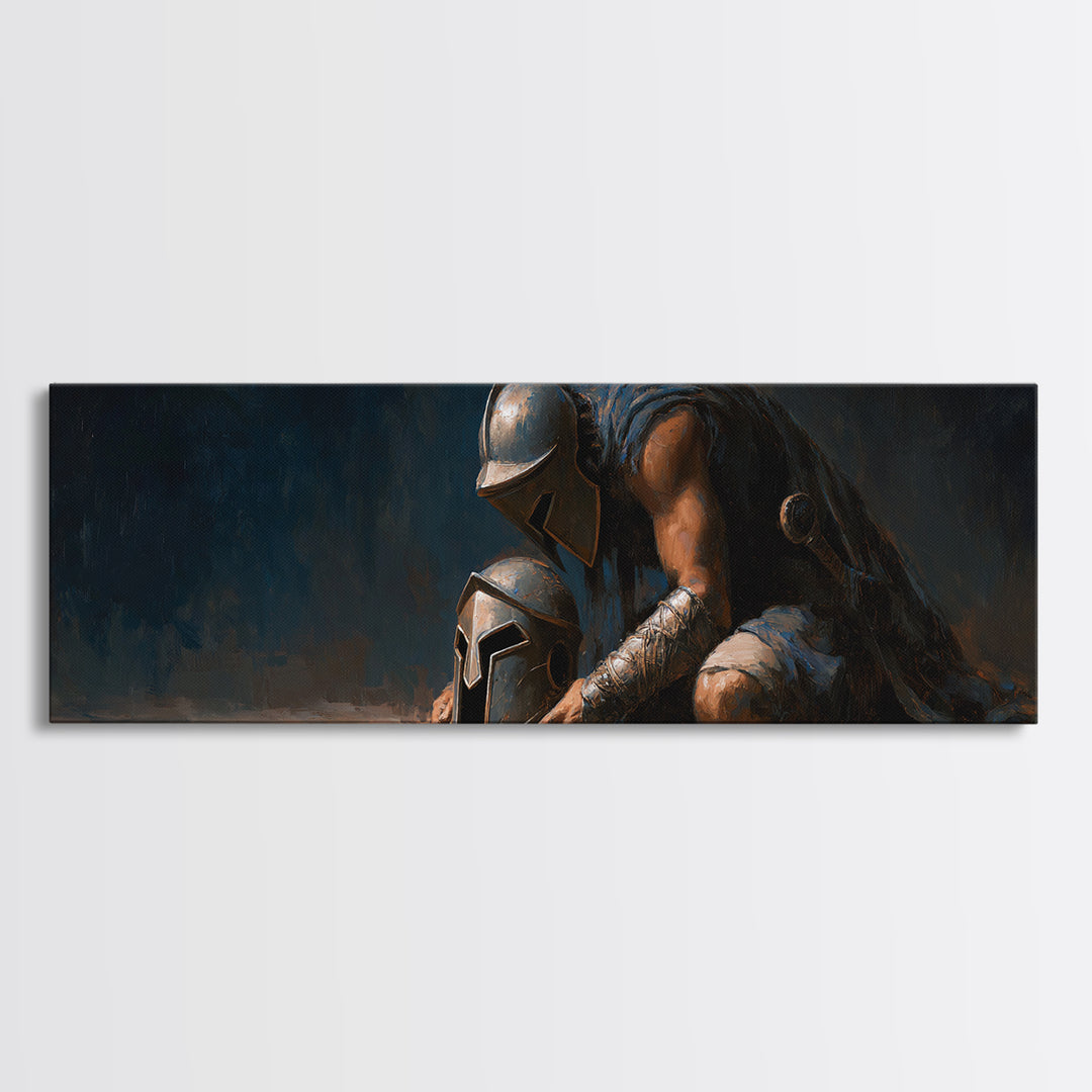 Kneeling Ancient Warrior With Battle Helmets Framed Canvas Print, Dark Fantasy Wall Art For Man Cave Office Decor, Gift For Him