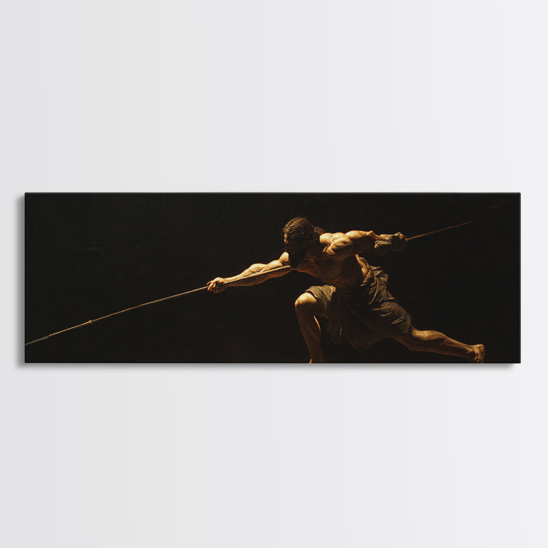 Spear Warrior In Dramatic Shadow Framed Canvas Print, Ancient Fighter Wall Art, Black And Gold Decor, Masculine Office Gift