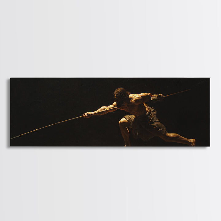 Spear Warrior In Dramatic Shadow Framed Canvas Print, Ancient Fighter Wall Art, Black And Gold Decor, Masculine Office Gift
