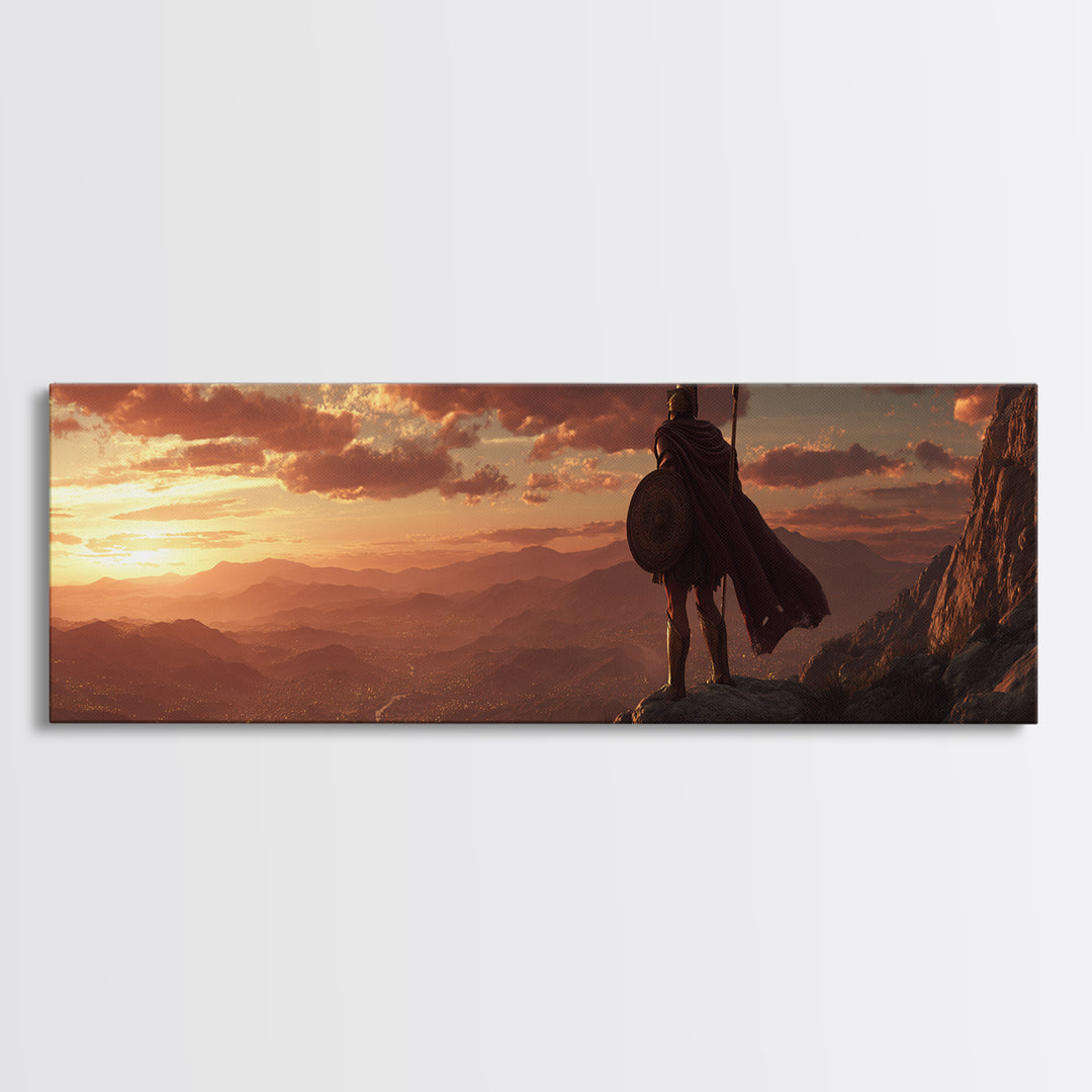 Lone Warrior Over Mountain Valley Sunset Wall Art, Epic Fantasy Landscape, Medieval Adventure Decor, Panoramic Canvas Print