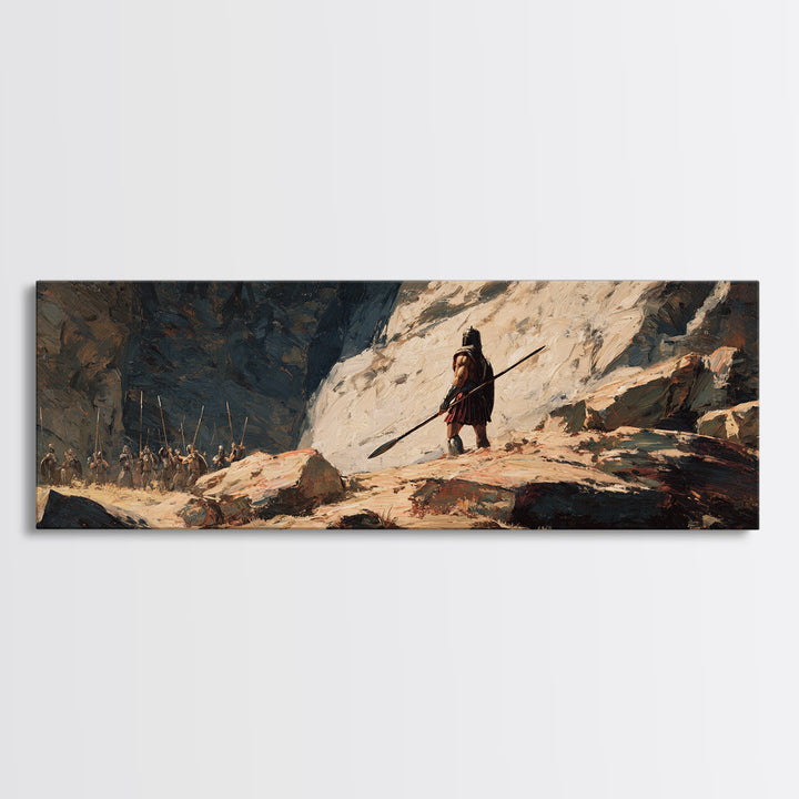 Lone Warrior In Snowy Mountain Pass Canvas Print, Ancient Battle Landscape, Fantasy Wall Art, Rustic Masculine Decor, Large Horizontal Art