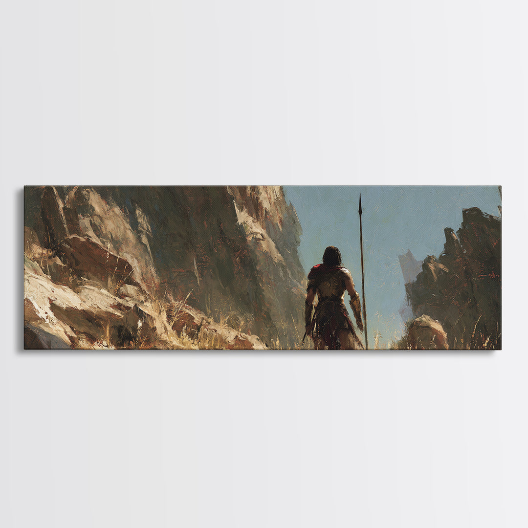 Warrior Crossing Rocky Canyon Wall Art, Ancient Fantasy Landscape Canvas Print, Desert Adventure Decor, Masculine Gift For Him