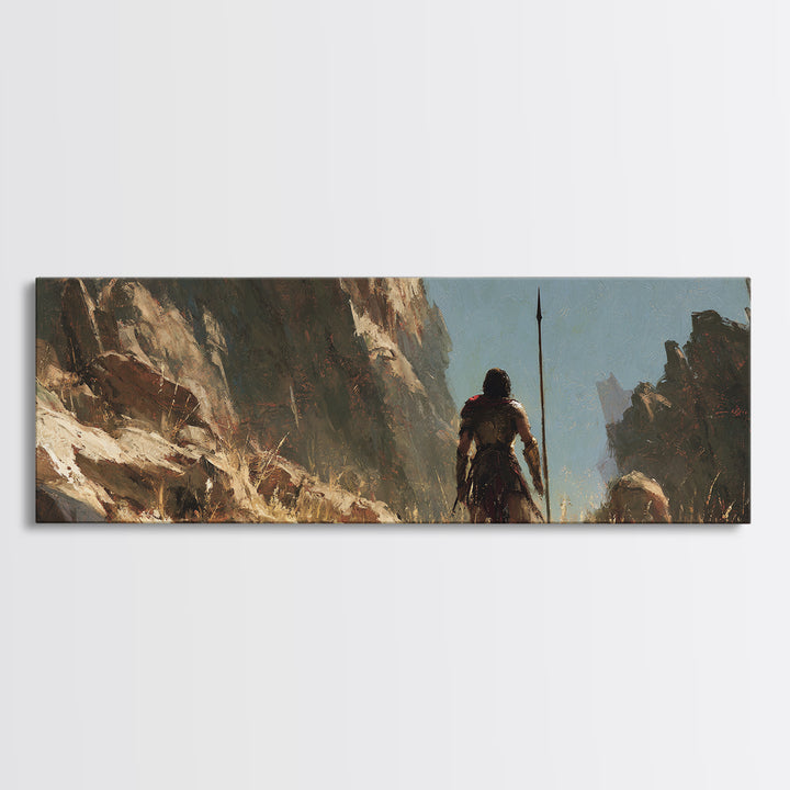 Warrior Crossing Rocky Canyon Wall Art, Ancient Fantasy Landscape Canvas Print, Desert Adventure Decor, Masculine Gift For Him