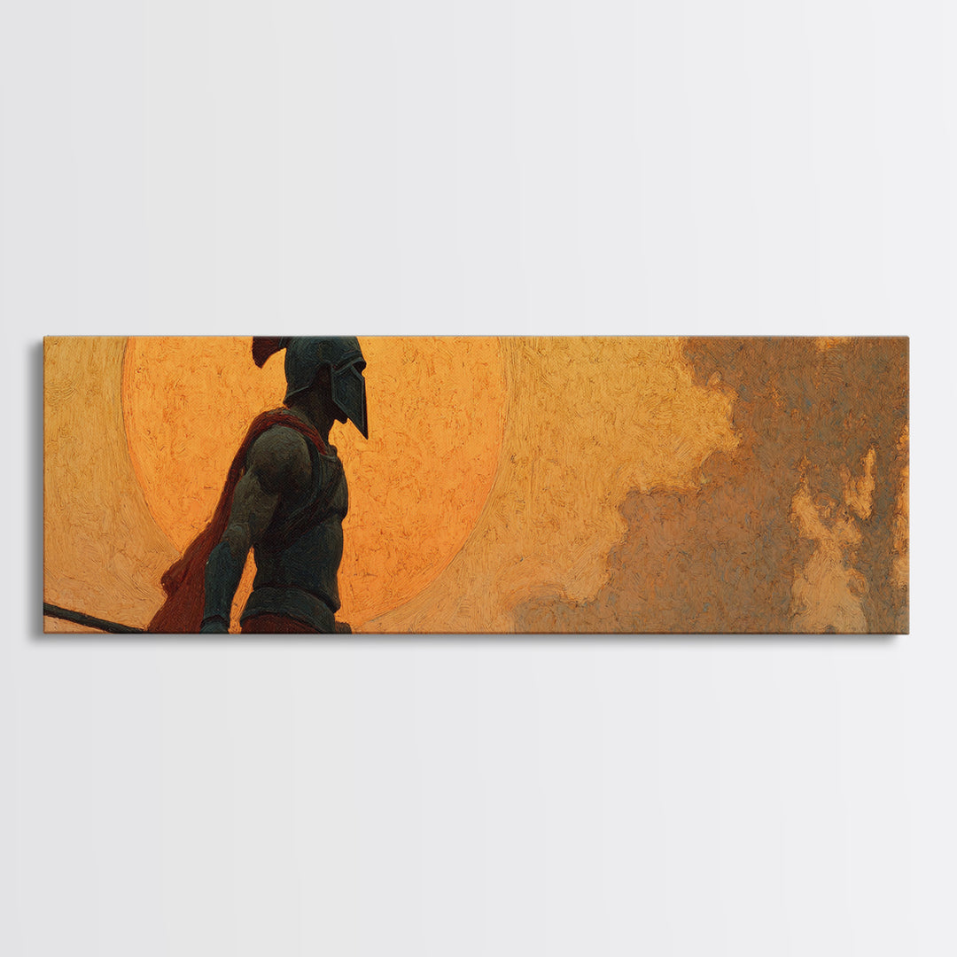 Ancient Greek Warrior Silhouette Wall Art, Spartan Spear Canvas Print, Mythology Decor, Masculine Office Art, Gift For Him