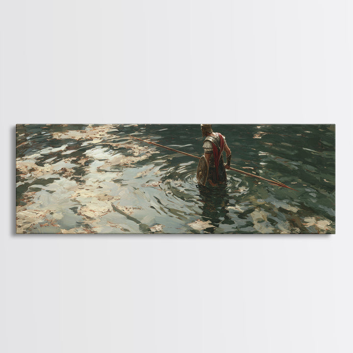 Armored Warrior Wading Through Reflective Water Wall Art, Ancient Spear Soldier, Moody Seascape Decor, Canvas Print Gift