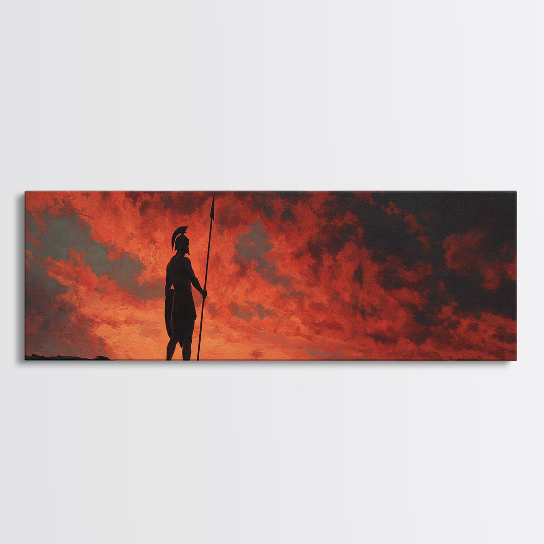 Spartan Warrior Silhouette At Red Sunset Wall Art, Greek Historical Canvas Print, Dramatic Masculine Living Room Decor Gift
