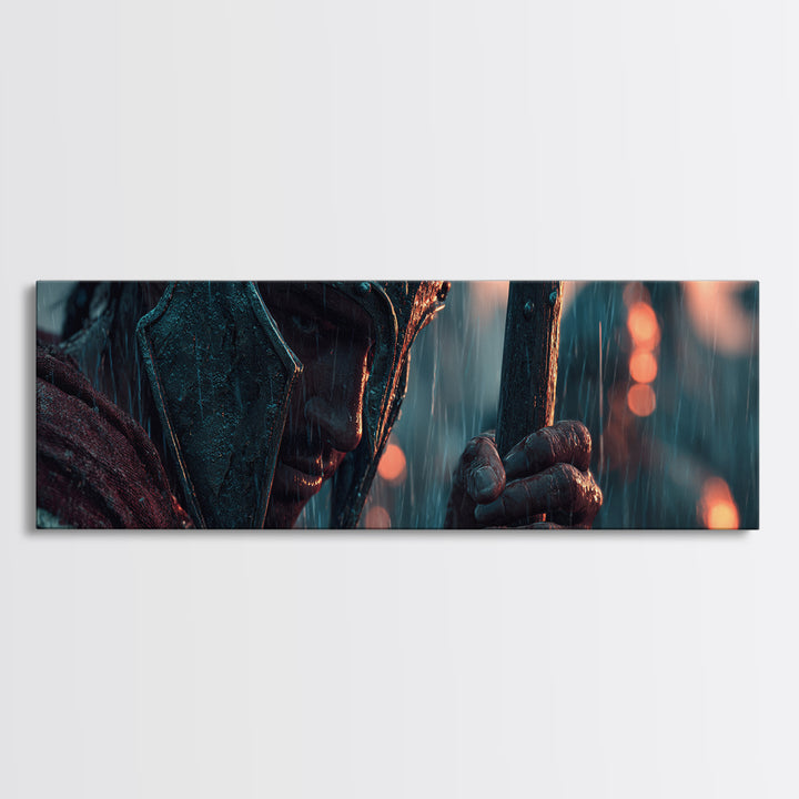 Rain Soaked Armored Warrior Portrait Wall Art, Cinematic Fantasy Canvas Print, Dark Battle Decor, Masculine Office Poster