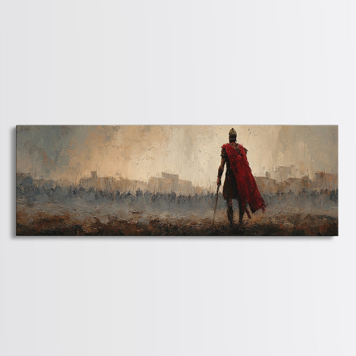 Roman Warrior In Red Cape Over Ancient City Canvas Print, Classical Wall Art, Masculine Office Decor, Historical Gift For Him
