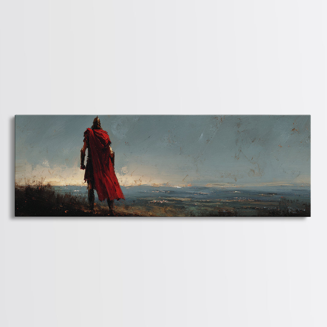Lone Warrior In Red Cloak Wall Art, Epic Fantasy Landscape Canvas Print, Moody Medieval Decor, Statement Artwork, Gift For Him