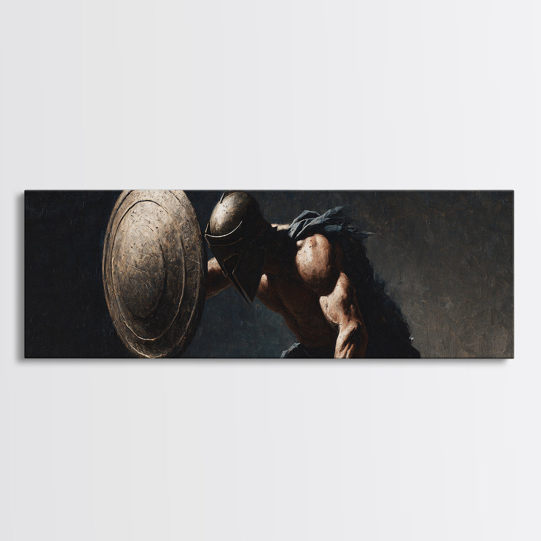 Ancient Hoplite With Round Shield Canvas Print, Greek Warrior Wall Art, Masculine Office Decor, Dark Historical Artwork Gift