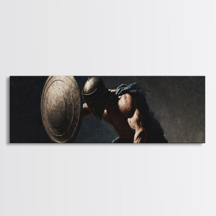 Ancient Hoplite With Round Shield Canvas Print, Greek Warrior Wall Art, Masculine Office Decor, Dark Historical Artwork Gift