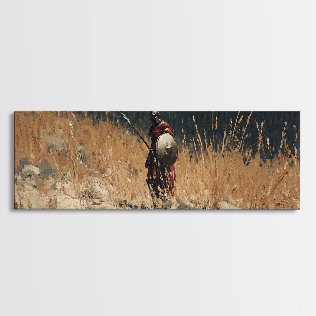 Lone Ancient Warrior In Golden Grass Framed Canvas Print, Historical Wall Art, Rustic Home Decor, Masculine Office Decor