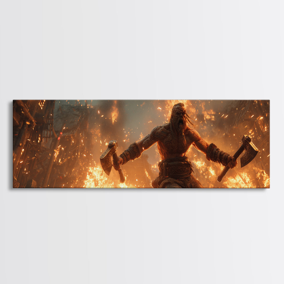 Viking Berserker With Twin Axes Wall Art, Burning Village Battle Scene, Norse Warrior Decor, Dark Fantasy Canvas Print, Large Art