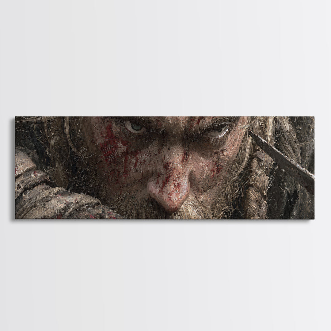 Bloodied Viking Warrior Close Up Framed Canvas Print, Dark Fantasy Portrait, Norse Wall Art, Masculine Man Cave Decor, Gift For Him