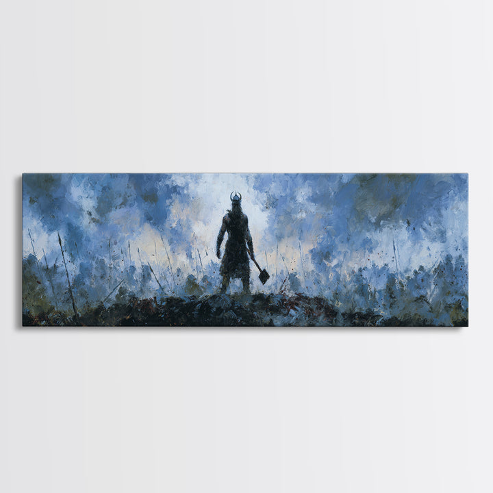Dark Viking With Hammer Wall Art, Stormy Norse Warrior Canvas Print, Moody Fantasy Decor, Masculine Office Artwork Gift For Him