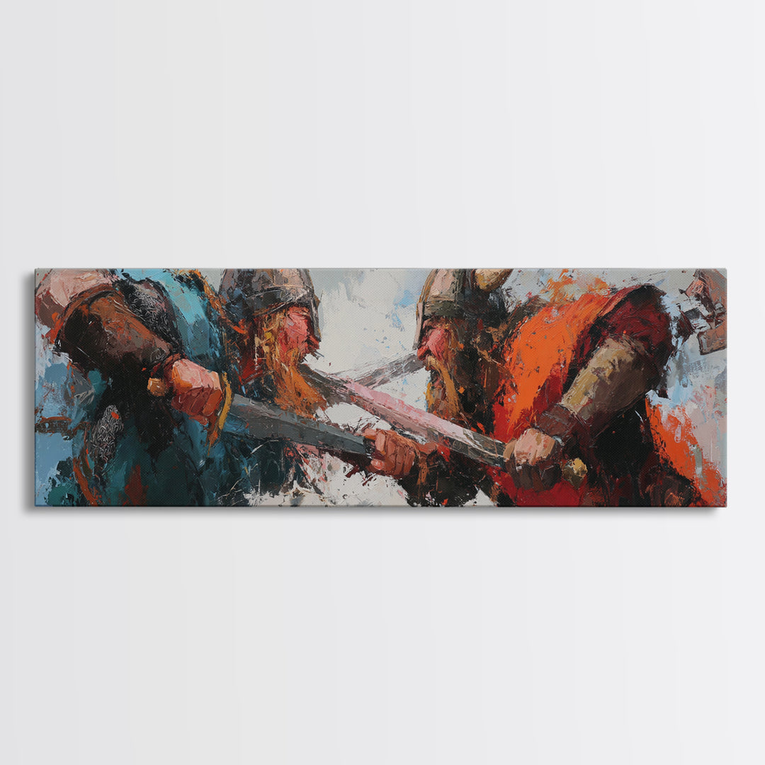 Viking Warriors Clashing With Axes Canvas Print, Norse Wall Art, Dark Fantasy Decor, Medieval Battle Artwork For Him, Man Cave Decor