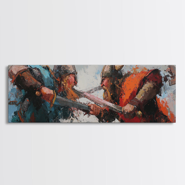 Viking Warriors Clashing With Axes Canvas Print, Norse Wall Art, Dark Fantasy Decor, Medieval Battle Artwork For Him, Man Cave Decor
