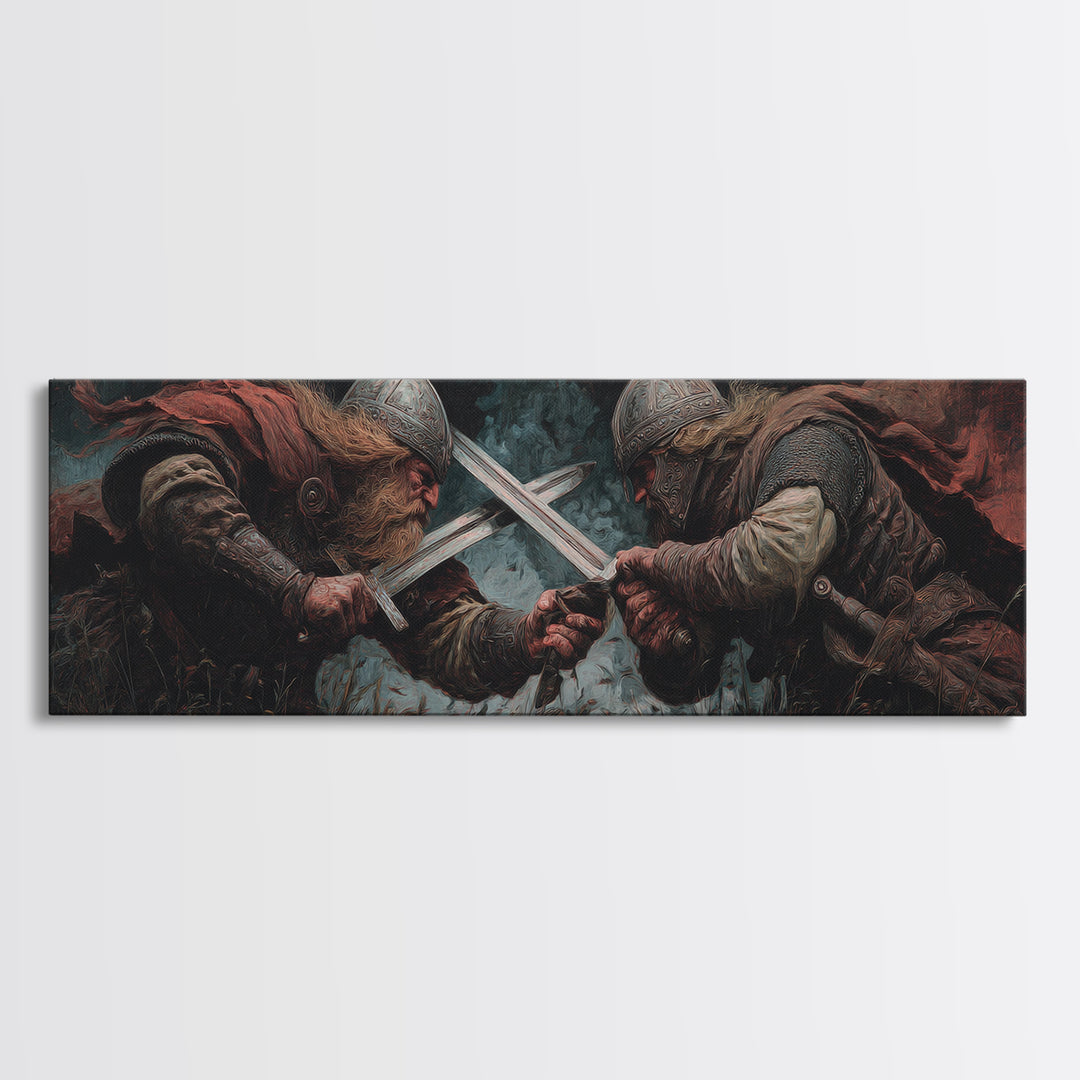 Viking Duel With Crossed Swords Framed Canvas Print, Dark Fantasy Wall Art, Medieval Warrior Decor, Man Cave Art, Gift For Him
