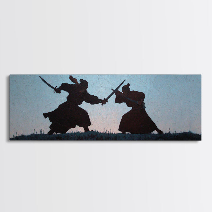 Samurai Duel Silhouette Wall Art, Japanese Warrior Canvas Print, Minimal Black And White Decor For Office And Living Room