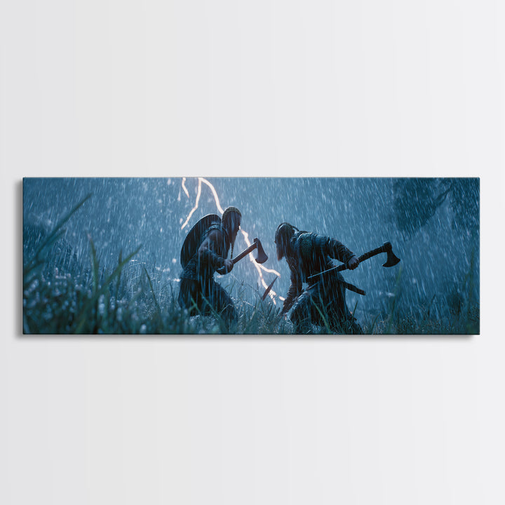 Viking Warriors In Lightning Rain Canvas Print, Dark Medieval Battle Wall Art, Stormy Fantasy Decor, Dramatic Game Room Decor