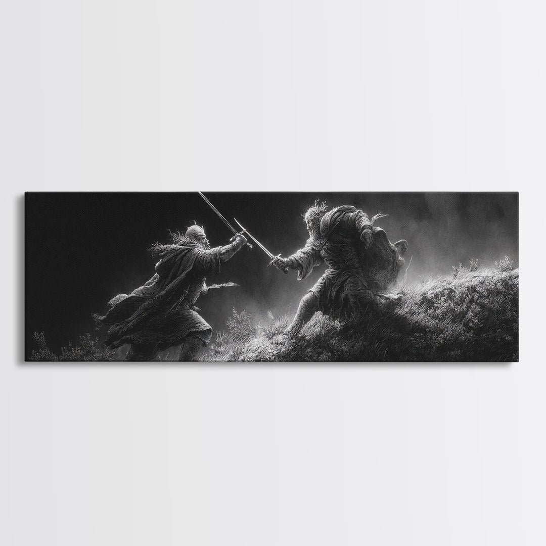 Black And White Warrior Duel Wall Art, Dark Fantasy Battle Print, Cinematic Viking Decor, Masculine Office, Gift For Him