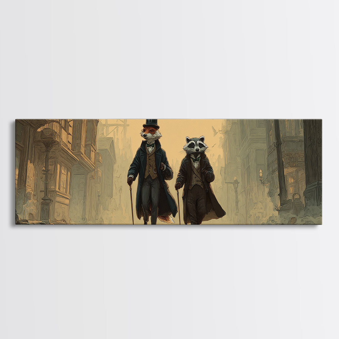 Dapper Fox And Raccoon Stroll Wall Art, Whimsical Animal Portrait, Victorian Street Fantasy Decor For Kids Room Canvas Print