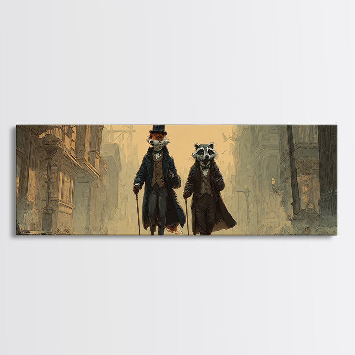 Dapper Fox And Raccoon Stroll Wall Art, Whimsical Animal Portrait, Victorian Street Fantasy Decor For Kids Room Canvas Print