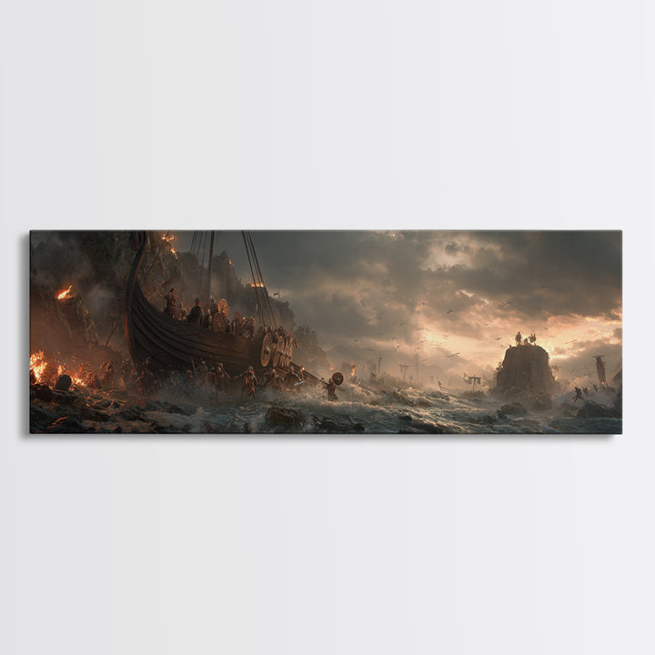 Viking Longship Landing On Stormy Shore Wall Art, Norse Battle Seascape, Dark Fantasy Decor, Dramatic Nautical Canvas Print