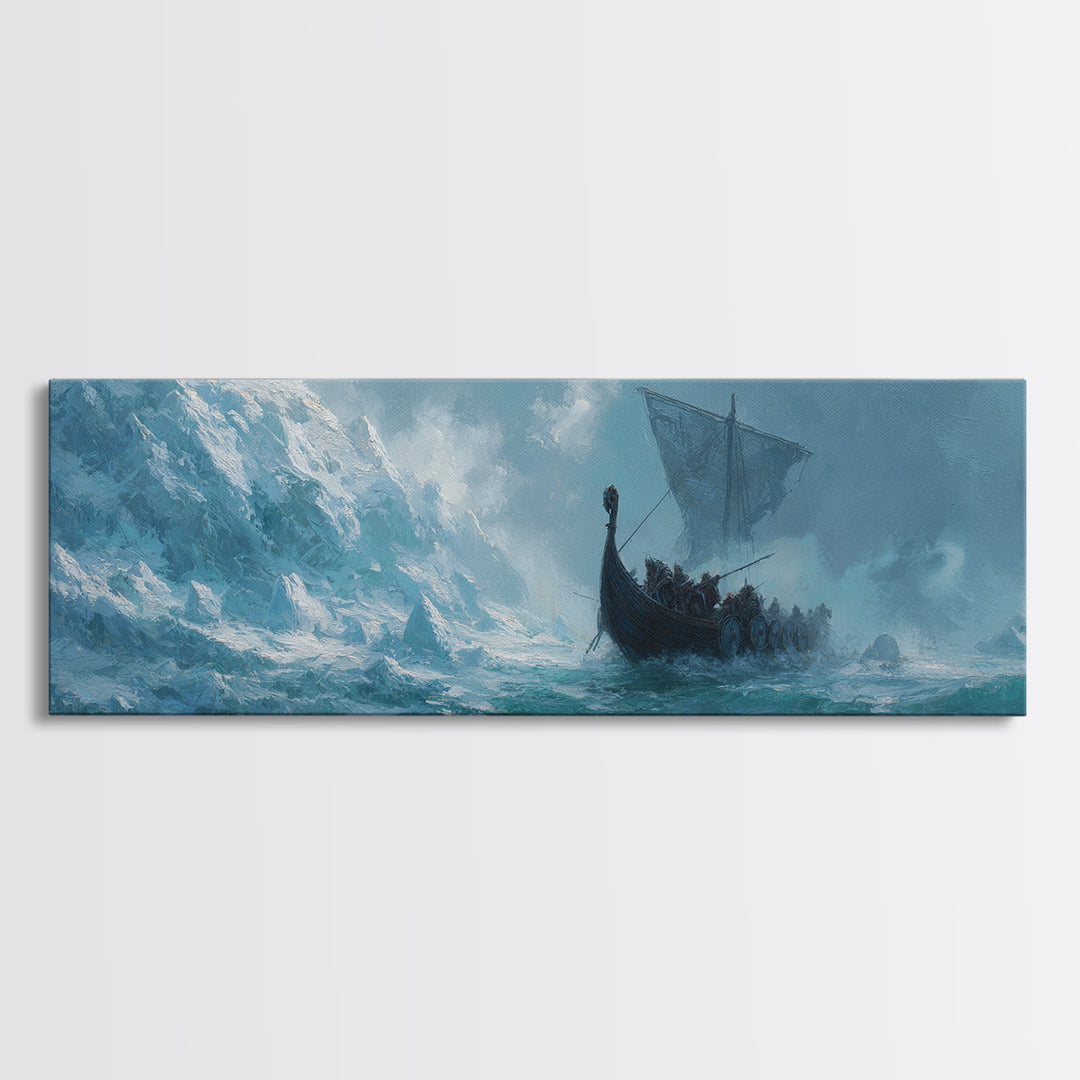 Viking Longship On Stormy Sea Wall Art, Nordic Ocean Seascape Painting, Nautical Living Room Decor, Adventure Gift For Him