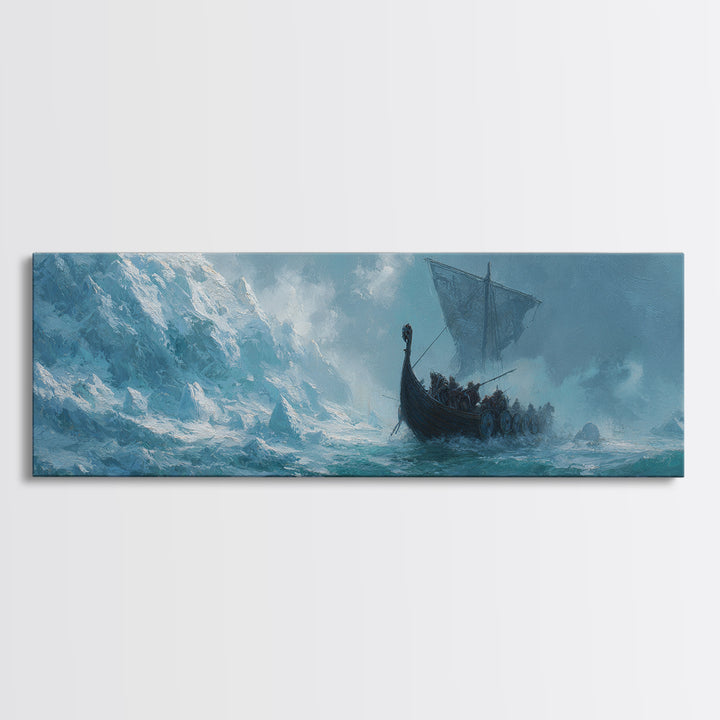 Viking Longship On Stormy Sea Wall Art, Nordic Ocean Seascape Painting, Nautical Living Room Decor, Adventure Gift For Him
