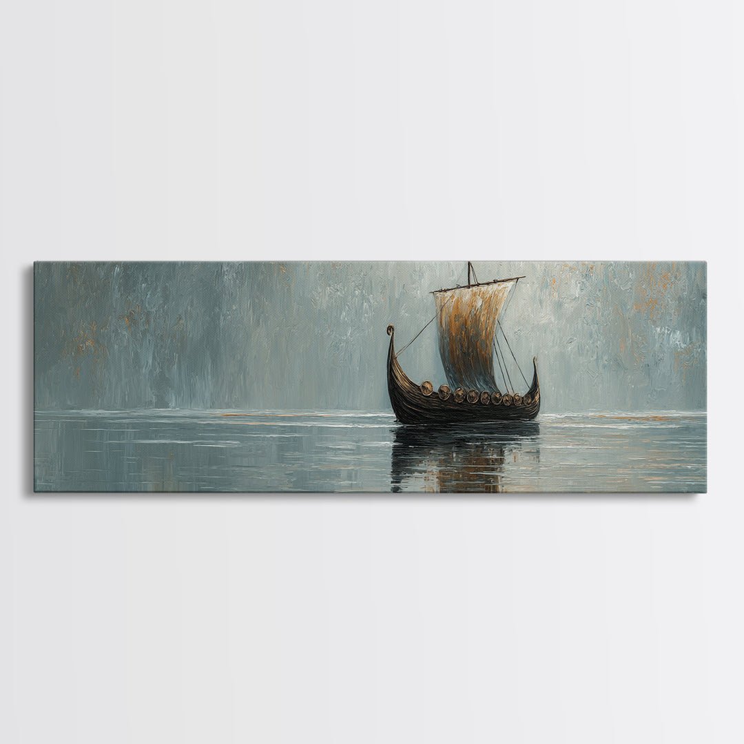 Viking Longship Sailing Through Misty Waters Canvas Print, Nautical Wall Art, Nordic Decor, Lake House Coastal Artwork Gift