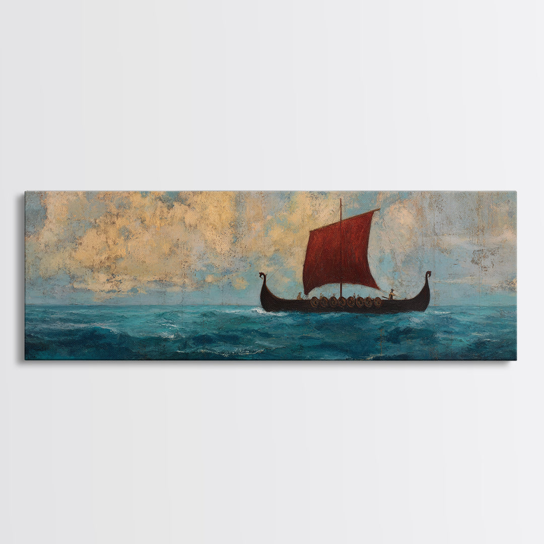 Viking Longship With Red Sail Canvas Print, Nautical Wall Art, Nordic Seascape Decor, Coastal Living Room Art, Ocean Wall Decor