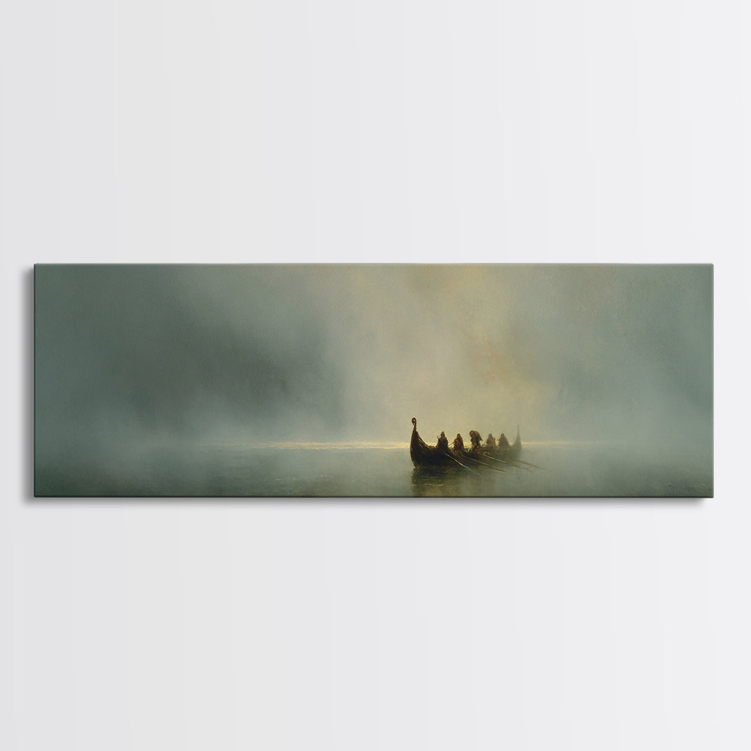 Misty Boat On Silent Lake Framed Canvas Print, Moody Seascape Wall Art, Serene Landscape Decor, Peaceful Home Gift Print