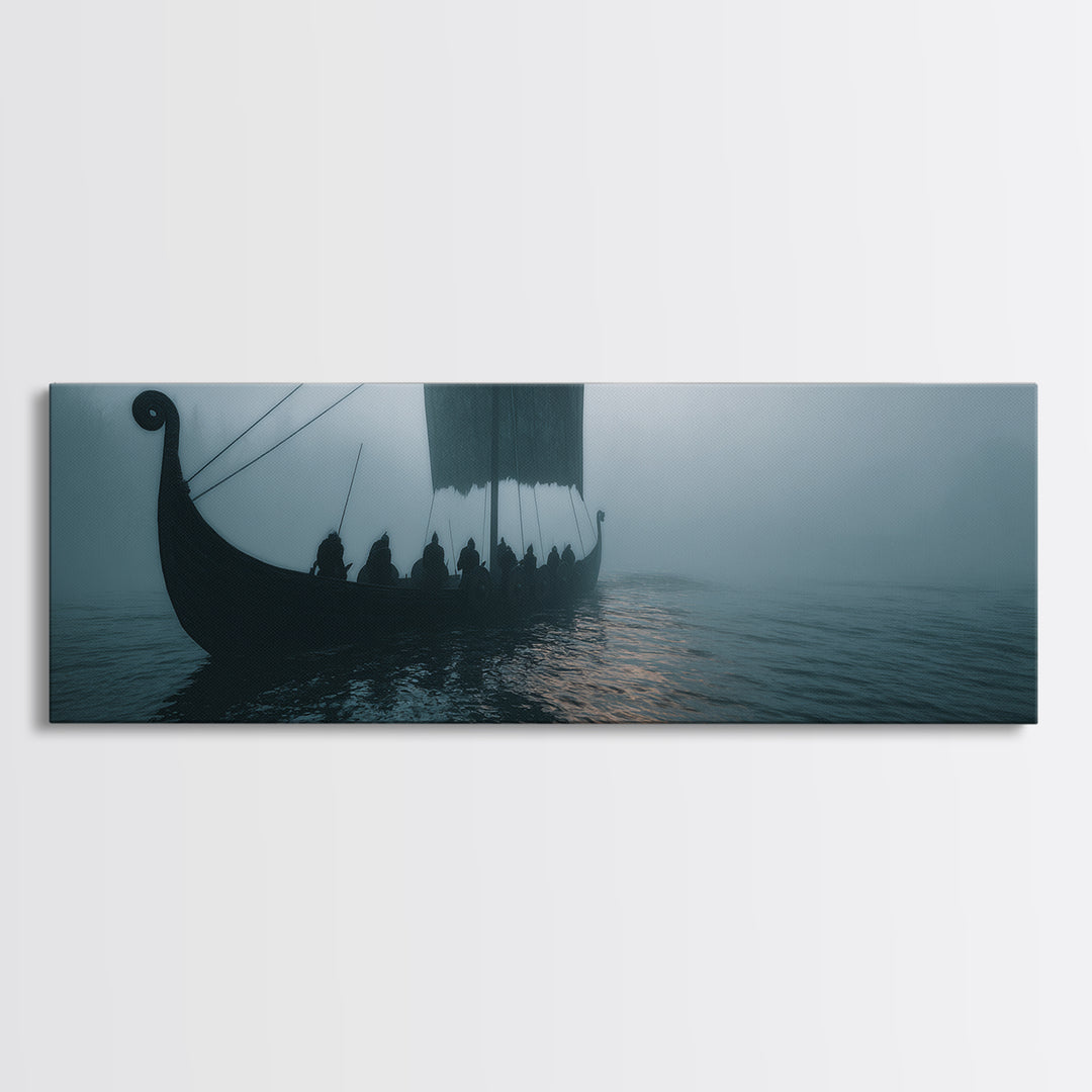 Viking Longship In Misty Waters Wall Art, Nordic Seascape Canvas Print, Nautical Coastal Decor, Moody Living Room Art Print