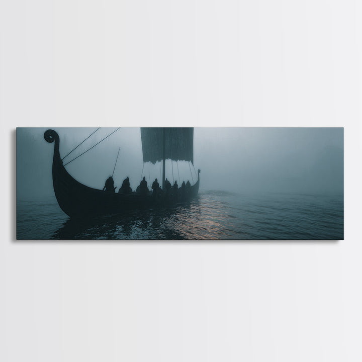 Viking Longship In Misty Waters Wall Art, Nordic Seascape Canvas Print, Nautical Coastal Decor, Moody Living Room Art Print